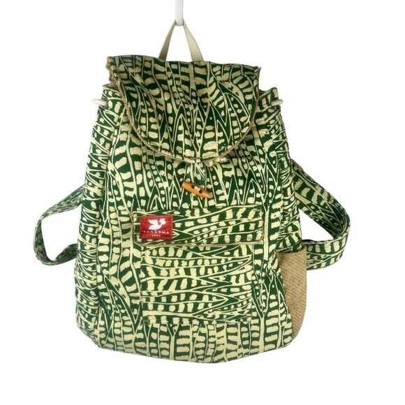Taaluma Totes‎ Backpack White Green Cotton Canvas 2 Straps Shark Tank Geometric - Picture 1 of 10